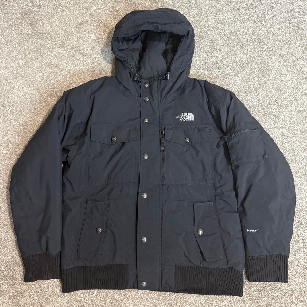 The North Face HyVent Hooded Bomber Jacket Mens M Black Full Zip Parka Coat